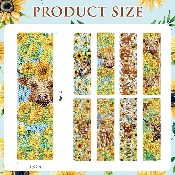 Diamond Painting Bookmarks Set - 8PCS Highland Cow 5D Diamond Art Bookmarks Kit with Tassel Sunflower Bookmarks Set for Highland Cow Lover Office Useful Project DIY Crafts Gifts Teacher