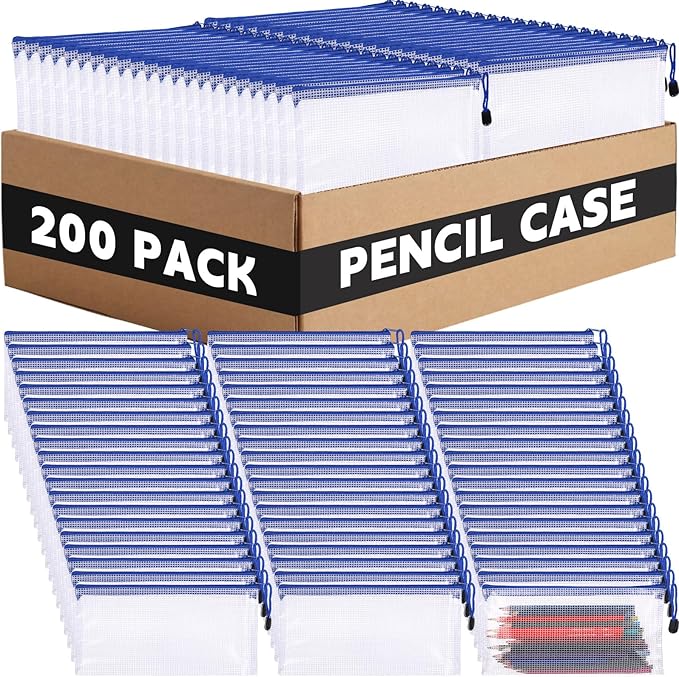 Zhehao 200 Pieces A6 Mesh Zipper Pouch Bulk Mesh Bags with Zipper Waterproof Small Pencil Pouches for School Office Supplies Organization 9.4 x 4.5 Inches(Blue Colors)