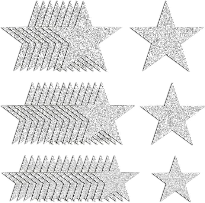 120 PCS Glitter Silver Five Stars Cutout Silver Stars for Bulletin Board Stars Classroom Wall Party Decoration Supply 3 Sizes 3.1inch 4.7inch 6.2inch