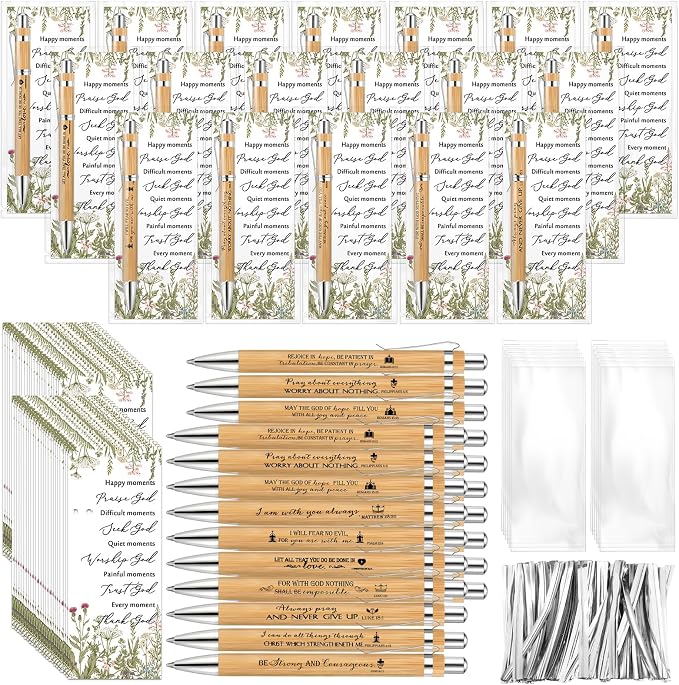 100 Set Christian Religious Gifts Bulk Include Bible Verse Pens and Inspirational Bookmarks Scripture Quote Bible Study Group Church Gifts for Christian Graduation Father's Day Pastor (Bamboo)