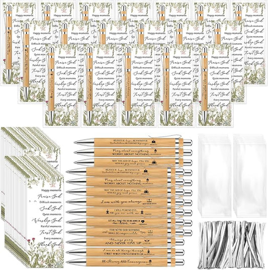 100 Set Christian Religious Gifts Bulk Include Bible Verse Pens and Inspirational Bookmarks Scripture Quote Bible Study Group Church Gifts for Christian Graduation Father's Day Pastor (Bamboo)