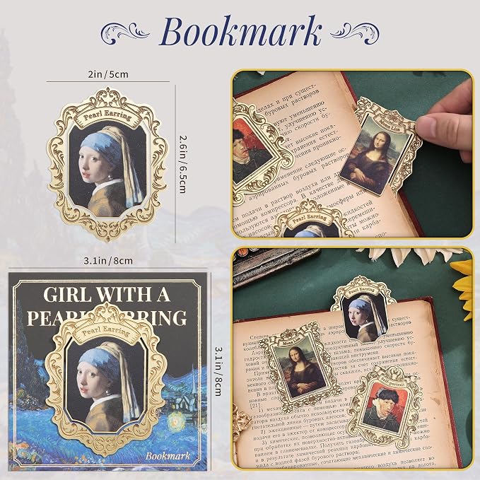 3 Pcs Vintage Metal Bookmark, Golden Clip Bookmarks, Famous Oil Painting Theme Book Mark Unique Gift for Book Lovers Readers Women Girls Teens Writers Bookworms Teachers Students