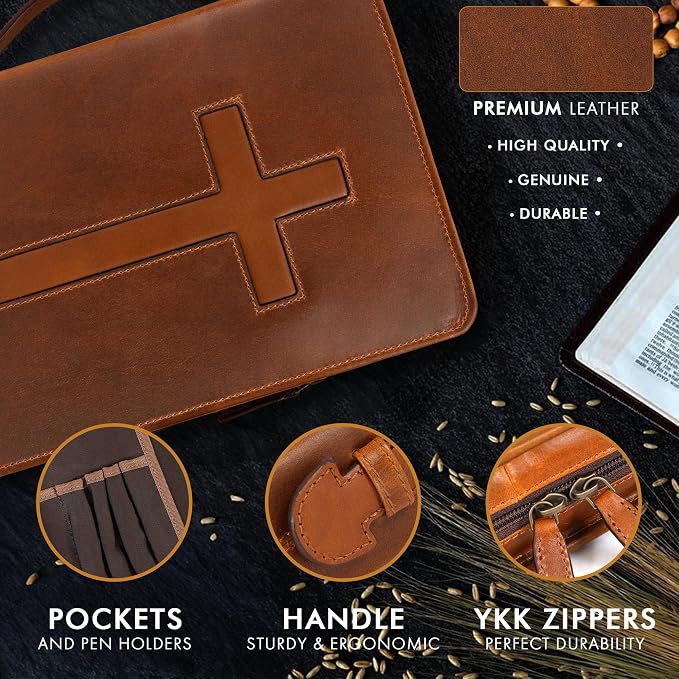 ELIZO Leather Bible Cover Case for Men Women Genuine Leather Bible Bag Holder Cross Large Carrying with Zipper Case Protector Christian Religious Gifts for Mens (Cognac/Tan, Study/Large)