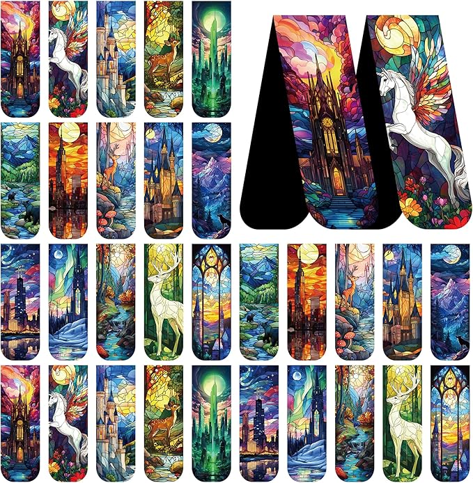 Fantasy Magnetic Bookmarks, 30 Pcs Stained Glass Magnet Book Markers, Aesthetic Book Marks Gifts for Reading Women Book Lovers