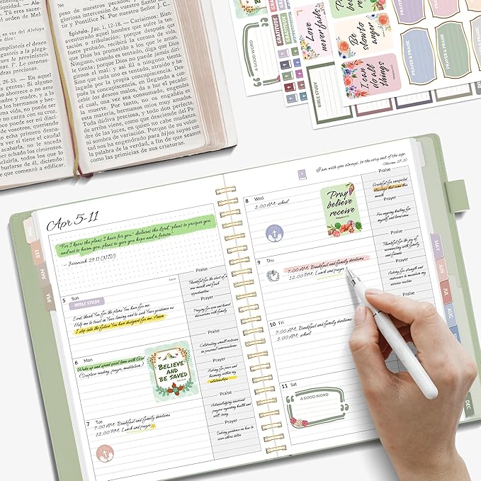 2026 Christian Planner - 12 Month Bible Journal and Prayer Planner A5 Spiral Bound, Monthly & Weekly Christian Organizer Gifts for Women Men (Grey Green)