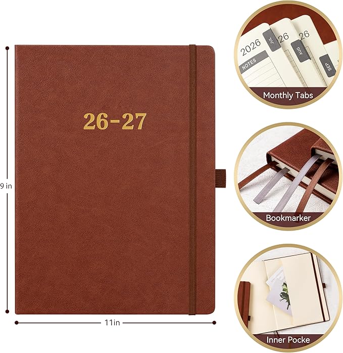 Vondafe 2026-2027 Planner - Weekly and Monthly Planner 2026-2027, Jul. 2026 - Jun. 2027, 9" x 11", 26-27 Calendar Planner with Inner Pocket + Elastic Closure + Pen Loop + Bookmarks, Leather Hardcover - Brown