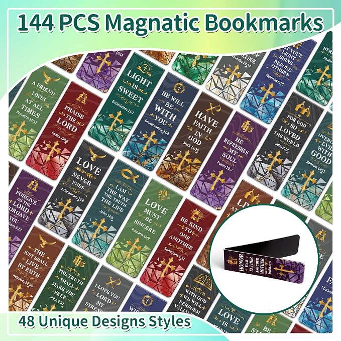 144Pack Magnetic Bookmarks Christian Bookmarks Bulk Bible Bookmark for Reading Women Men Kids Teacher Book Lovers Gifts, Vintage Religious Magnet Bookmark Clips Personalized Book Marks (Christian)