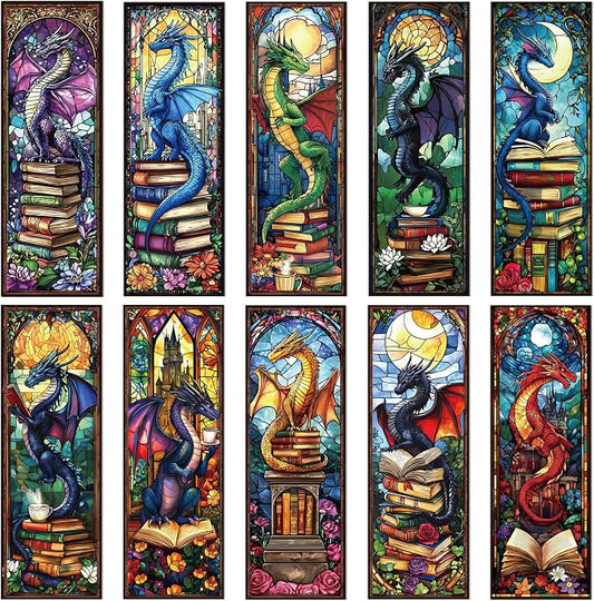 Dragon Stained Glass Transparent Bookmark - Wxiben 10 Pcs Fantastic Transparent PVC Bookmark Cool Dragon Floral Book Mark Page Clips Gifts for Women Men Book Lovers Teacher Student Bookish Readers