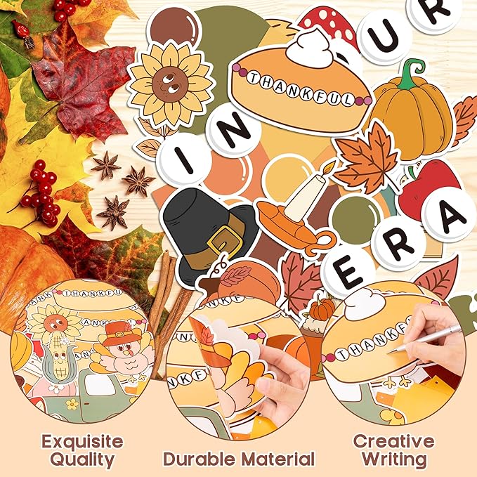 152Pcs Thanksgiving Bulletin Board Decoration Set, In Our Thankful Era Pumpkin Pie Cutouts Kids DIY Photo Craft Fall Border Trims Thanksgiving Classroom Chalkboard Supplies Wall Decor