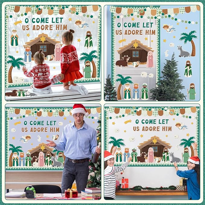 Christmas Nativity Bulletin Board Set Jesus Christian Classroom Decorations O Come Let Us Adore Him Paper Cutouts for Holy Family Xmas Holiday Sunday School Religious Church Decor