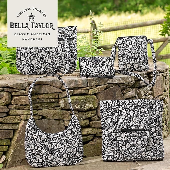 Bella Taylor Small Bible Cover for Women - Quilted Cotton Bible Case for 6 x 9 inch Books - Bicolor Floral Black