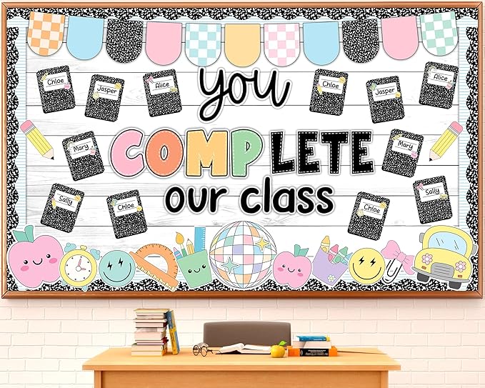 Composition Notebook Bulletin Board Decoration Set Welcome Classroom Decoration You Complete Our Class Bulletin Board Pastel Notebook Pencil Cutouts for School Classroom Chalkboard Wall Decor Supplies