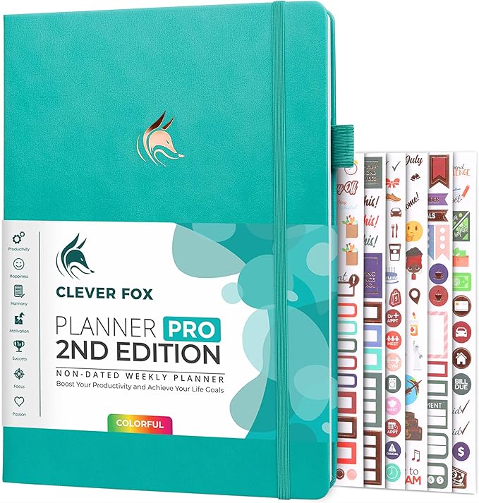 Clever Fox Planner PRO 2nd Edition – Undated Weekly Agenda Planner for Setting Goals, Tasks & Time Management – Life Organizer with To-do Lists & Habit Trackers – Large Format, 8.5x11″ (Turquoise)