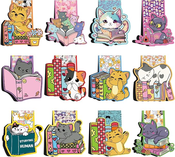 Cat Magnetic Bookmarks, 12 Pcs Cute Kawaii Cat Book Markers Page Clips, Office Desk Accessories for Women Book Lovers