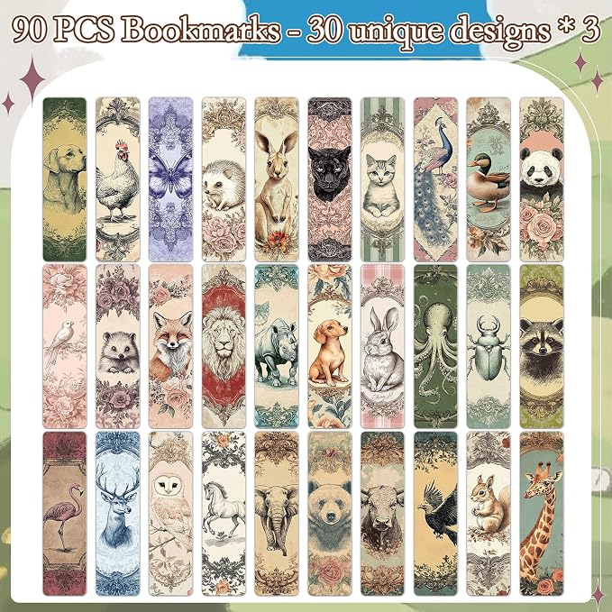 Wxiben Vintage Animal Bookmarks Gifts - 90 Pcs Cartoon Animals Paper Bookmarks Dog Retro Rabbit Book Markers Page Clip Gift for Women Men Teachers Office Book Lovers Bookish Reading Supplies