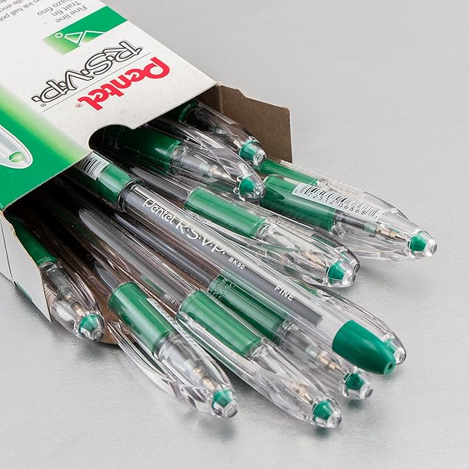 Pentel RSVP Ballpoint Pen, (0.7mm) Fine Line, Green Ink, Box of 12 (BK90-D)