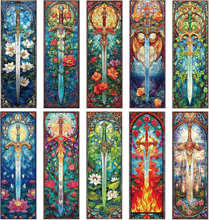 Sword Stained Glass Transparent Bookmark - Wxiben 10 Pcs Cool Sword Transparent PVC Bookmark Fantastic Floral Book Mark Page Clips Gifts for Women Men Book Lovers Teacher Student Bookish Readers