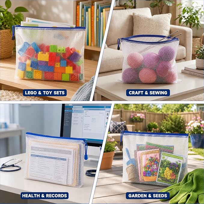 TONOS Mesh Zipper Pouch Bags, 2 Pack 13x9 Inch Clear PVC Plastic Zipper Pouches, Water Resistant Supply Organizers for School, Office, Classroom Organization, Travel, Crafts and Puzzles