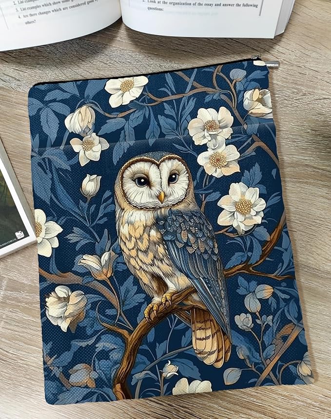 Vintage Flower Owl William Morris Book Sleeve for Book Lovers, Bookish Book Protector with Zipper, Washable Fabric Book Cover for Paperbacks & Hardcovers,11.4 x 9.1Inches (Blue-Owl, Medium)