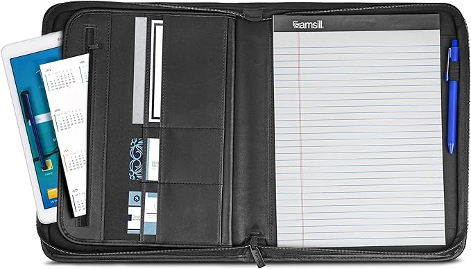 Samsill Professional Padfolio with Secure Zippered Closure, 10.1 Inch Tablet Sleeve, and 8.5 by 11 Inch Notepad, Black, Full Size (70820)