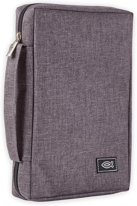 Christian Art Gifts Men/Women's Bible Cover Jesus Fish, Gray Canvas, Medium