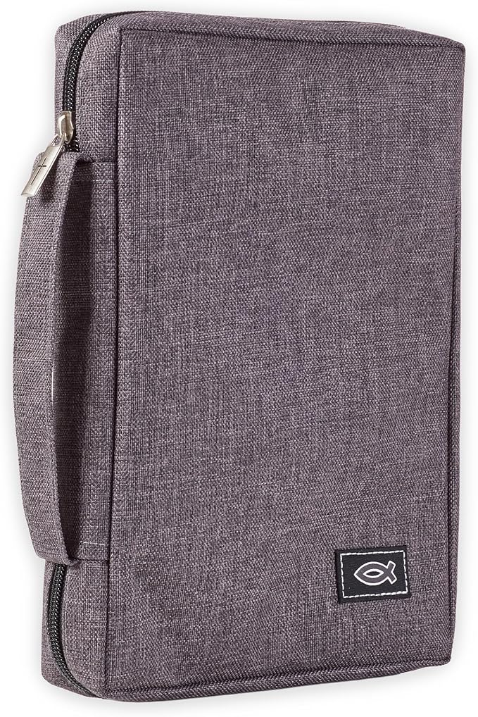 Christian Art Gifts Men & Women’s Bible Cover – Gray Canvas, Large Size with Jesus Fish Symbol – Durable, Inspirational Scripture Case with Zipper Closure, Handle, Pen Loop & Storage Pockets