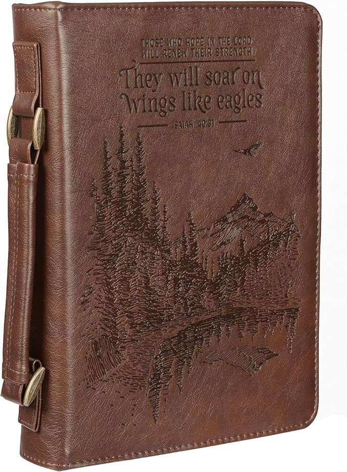 Christian Art Gifts Men's Classic Bible Cover On Wings Like Eagles Mountain Isaiah 40:31, Brown Faux Leather, XL