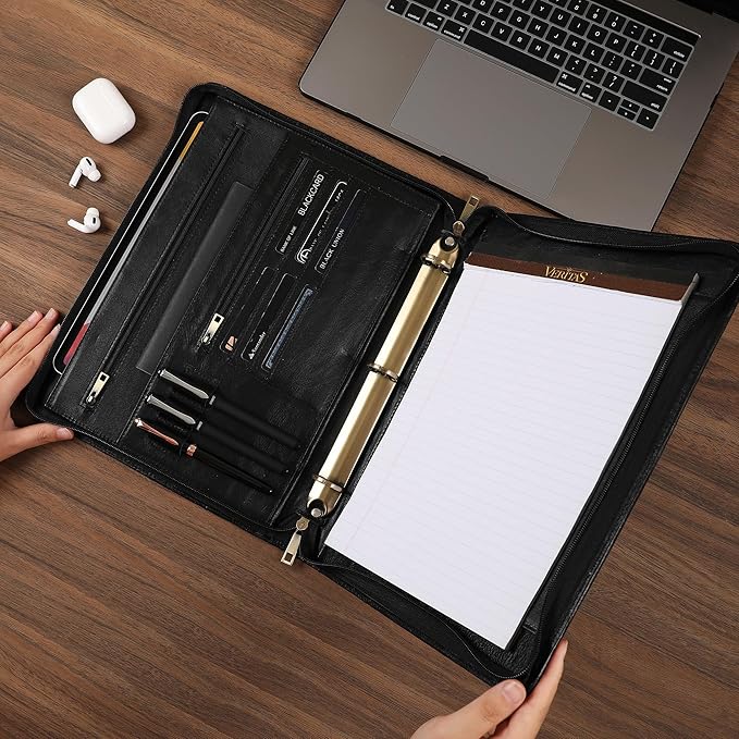 Genuine Leather Portfolio, 3 Ring Binder Padfolio, 11"×14" Padfolio Organizer, Professional Business Portfolio Binder for Men and Women