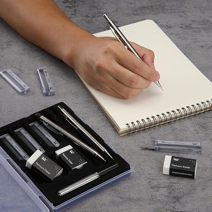 Mr. Pen- 0.7mm Metal Mechanical Pencil Set with Lead Refills & Erasers, 3 Pack, 6x Tubes 2B Lead Refill, 3x Erasers for School Supplies, Note Taking, Drawing, Sketching