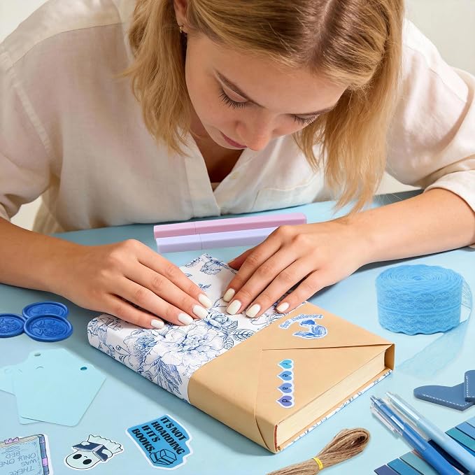 J6&H6 6 Set Blue-Themed Blind Date with a Book Gift excluding Books,Gift Set Including Lace Ribbons Patterned Paper Leather Bookmarks Stickers Purple Labels Kraft Paper for Literary Gifts (Blue)