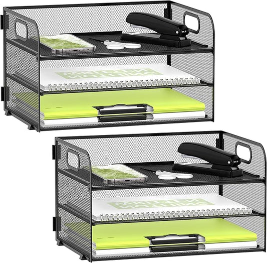 DALTACK 3 Tier Paper Organizer with Handle, Mesh Metal Desk Organizer with Sliding Paper Trays for Letter/A4 Paper, Mail, Bills & Folders, Black 2 Pack