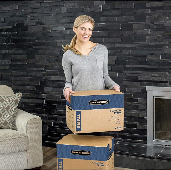 Bankers Box Medium Prime Moving Boxes, Tape-Free FastFold with Reinforced Handles and Attached Locking Lid (Pack of 15)