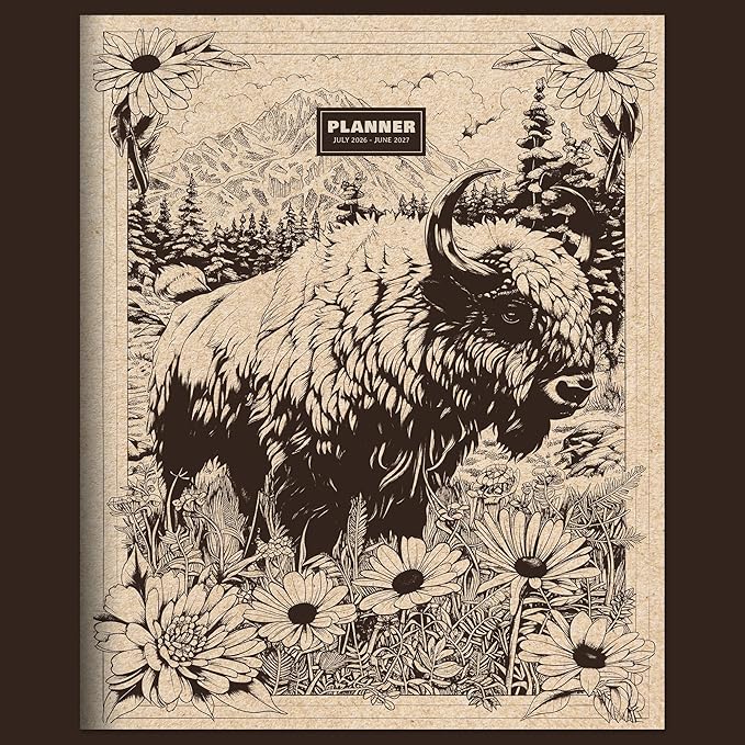 TF Publishing July 2026 - June 2027 Wild Bison Large Monthly Planner with Thick Paper - 12 Month Academic Planner 2026-2027 with 2-Page Spreads, Large Calendar Grids and Prompts - 9 in x 11 in