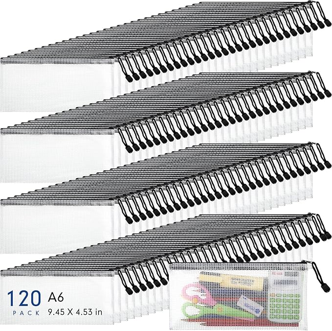 Sherr 120 Pcs Mesh Zipper Pouch A6 Pencil Pouches Bulk Small Clear Mesh Bags with Zipper 9.45'' x 4.53'' Waterproof File Bag Pencil Case for School Office Travel Organization(White and Black)