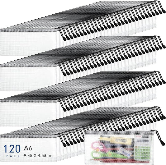 Sherr 120 Pcs Mesh Zipper Pouch A6 Pencil Pouches Bulk Small Clear Mesh Bags with Zipper 9.45'' x 4.53'' Waterproof File Bag Pencil Case for School Office Travel Organization(White and Black)