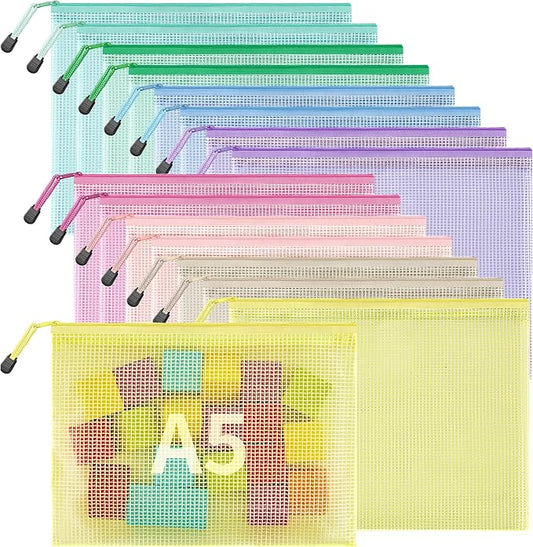 JARLINK 16pcs Mesh Zipper Pouch for Organizing, A5 Size Waterproof Zipper Storage Bags, 8 Colors Plastic file Pouch, Multipurpose for Travel, School, Board Game, Puzzles, Office, and Home Organize