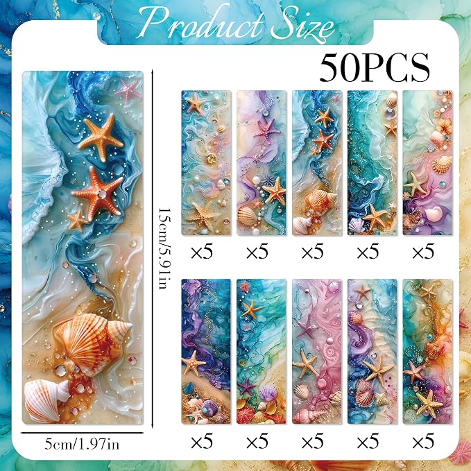 Beach Bookmark Bulk Gifts - 50 Pcs Fantasy Ocean Paper Bookmarks for Women Girls Students Book Lovers Starfish Seashells Page Clips School Reading Accessories Bookish Birthday Graduation Gift