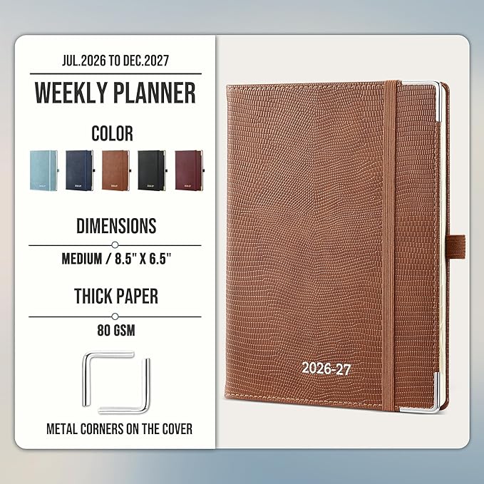 Planner 2026-2027 Weekly & Monthly Planner, 18 Month Academic Calendar July 2026 – Dec 2027, Horizontal Layout with Monthly Tabs, Hardcover Business Agenda Organizer, Brown