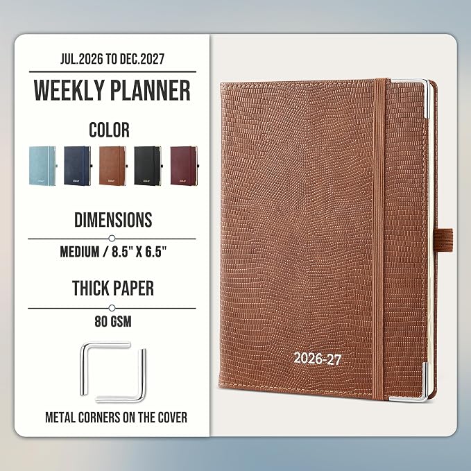Planner 2026-2027 Weekly & Monthly Planner with Hourly Time Slots, 18 Month Academic Calendar July 2026 – Dec 2027, Vertical Layout, Monthly Tabs, Hardcover Business Agenda, Brown