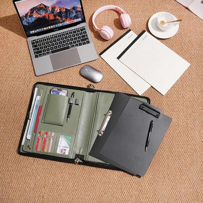 Wason A4 Portfolio with Zipper - Leather PU Padfolio with Detachable Ring Binder and Writing Notepad Holder, Conference File Multi-Pockets Organizer for Office Travel School (Green)