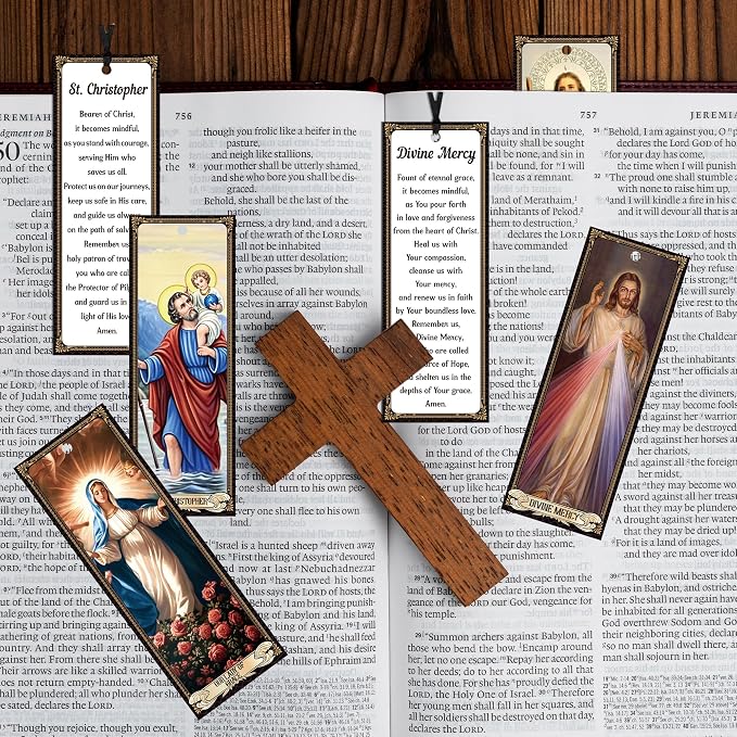 Bozidol 50 Pcs Catholic Saints Bookmarks Bulk, Christian Religious St. Michael Virgin Mary Prayer Bookmarks, Inspirational Bible Verse Book Markers for Women Men Church Sunday School Supplies