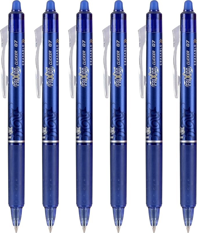 Pilot FriXion Clicker Erasable Gel Pens, Fine Point (0.7mm), Blue Ink, 6-Pack - Refillable, Smooth Writing Pens for School, Journaling, and Office Use