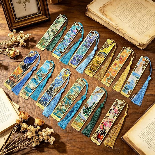 Esoes 12-Pack Metal Bookmarks with Tassels, Golden Hollow-Out Oil Painting Theme Bookmarks | Book Markers for Reading, Gifts for Book Lovers, Writers, Readers, Adults, Women