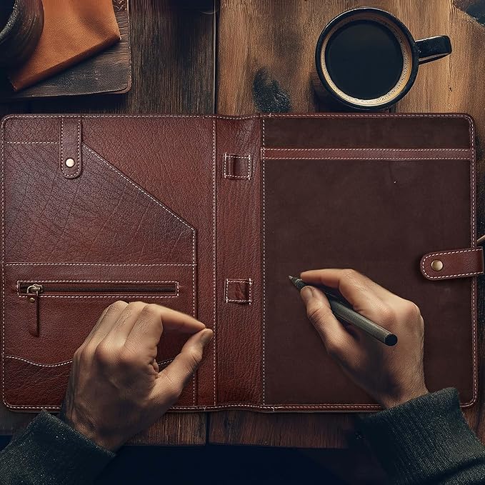 Genuine Leather Portfolio – Red Brown Professional Organizer & Resume Folder, Antique Leather Business Document Padfolio with Writing Pad, Ideal Gift for Men & Women