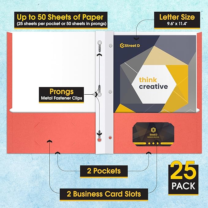 2 Pocket Portfolio Folders with Prongs (Metal Fastener Clips), 25 Pack, Cool Trendy Colors, Fits Letter Size Paper, for School, Office, Home, Matte Finish (Tropical Coral)