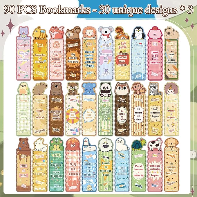 Wxiben Cute Animal Bookmarks Gifts - 90 Pcs Cartoon Animals Paper Bookmarks Penguin Capybara Dog Book Markers Page Clip Gift for Women Men Teachers Office Book Lovers Bookish Reading Supplies