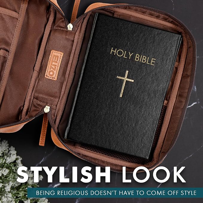 ELIZO Leather Bible Cover for Men Bible Case for Women Zippered Holder Protector Cross Church Tote Bag Carrying Organizer Sleeve Gift Study Tan