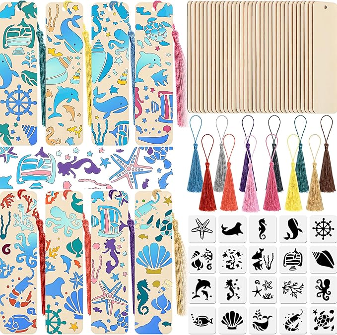 TaoBary 92 Pcs Wood Bookmark Making Kit Includes 36 Unfinished Blank Bookmarks 36 Tassels 20 Templates Craft for DIY Crafts, Painting, Valentine's Day, Mother's Day Gifts (Ocean, 4.8 x 1.3 Inch)