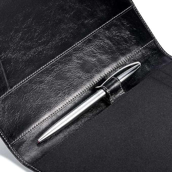 Leather Junior Padfolio for Men & Women with Pen Loop, Italian Calfskin, Business Portfolio Notebook Folder (Antiqued Black)