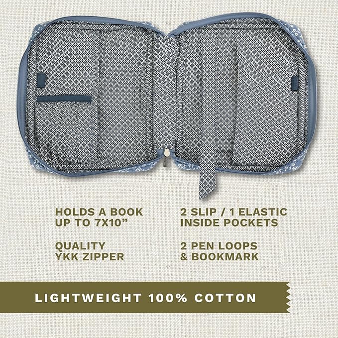 Bella Taylor Quilted Bible Cover for Women, Cotton Fabric Bible Case for Medium and Large Study Bibles, Heritage Blue Floral